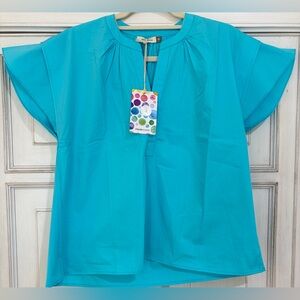 NWT SZ XL Maude Vivante Turquoise Short-Sleeve Pleat Neck Blouse - Women's Top